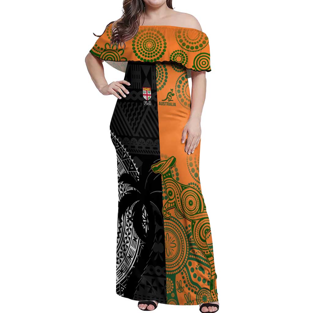 Custom Fiji And Australia Rugby Off Shoulder Maxi Dress Fijian Tapa Pattern With Aussie Aboriginal Art LT14 Women Black - Polynesian Pride