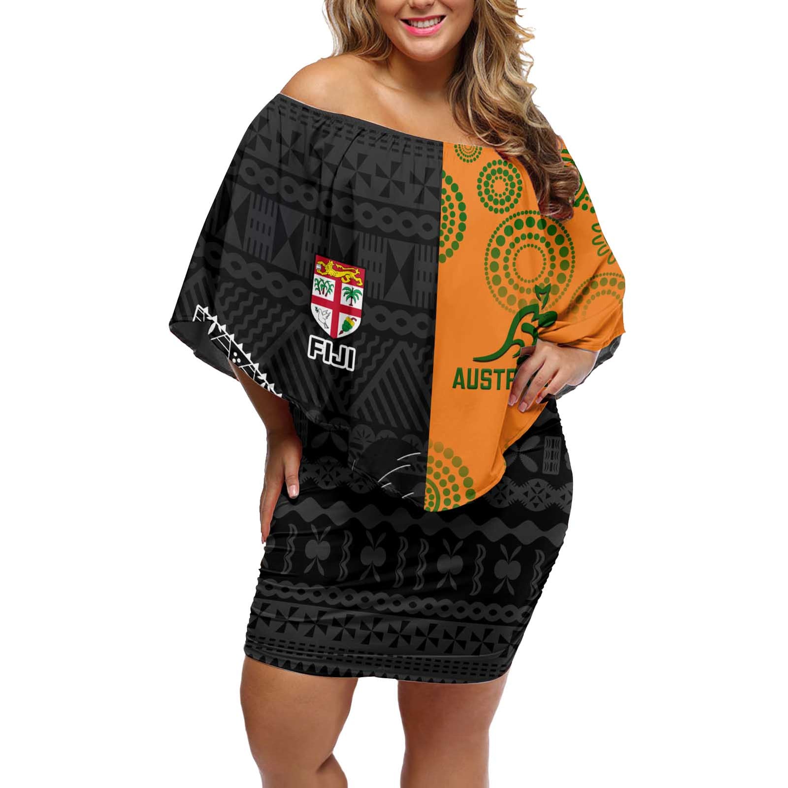 Custom Fiji And Australia Rugby Off Shoulder Short Dress Fijian Tapa Pattern With Aussie Aboriginal Art LT14 Women Black - Polynesian Pride