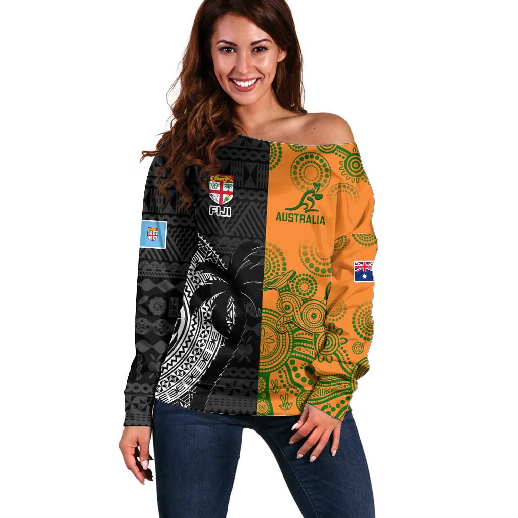 Custom Fiji And Australia Rugby Off Shoulder Sweater Fijian Tapa Pattern With Aussie Aboriginal Art LT14 Women Black - Polynesian Pride