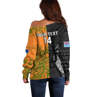 Custom Fiji And Australia Rugby Off Shoulder Sweater Fijian Tapa Pattern With Aussie Aboriginal Art LT14 - Polynesian Pride