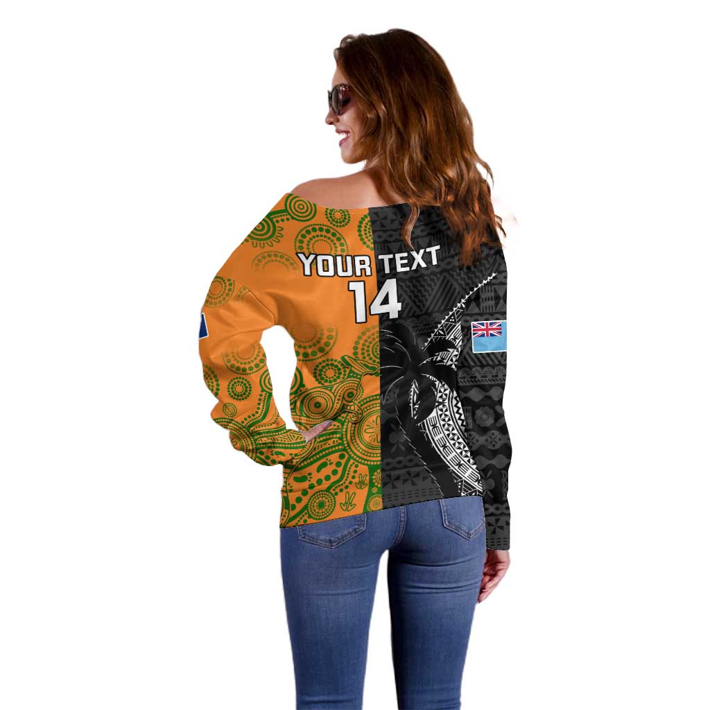Custom Fiji And Australia Rugby Off Shoulder Sweater Fijian Tapa Pattern With Aussie Aboriginal Art LT14 - Polynesian Pride