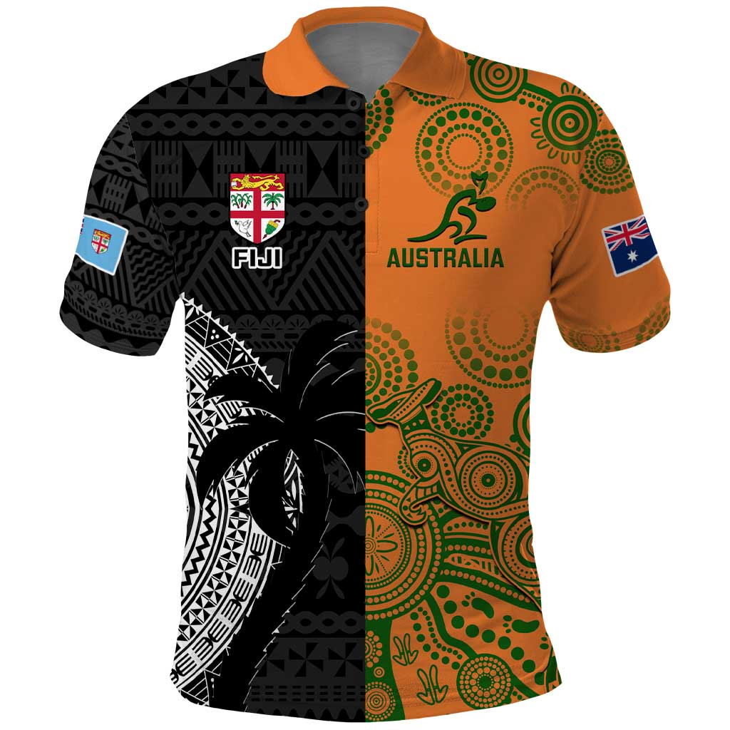 Custom Fiji And Australia Rugby Polo Shirt Fijian Tapa Pattern With Aussie Aboriginal Art LT14 Black - Polynesian Pride