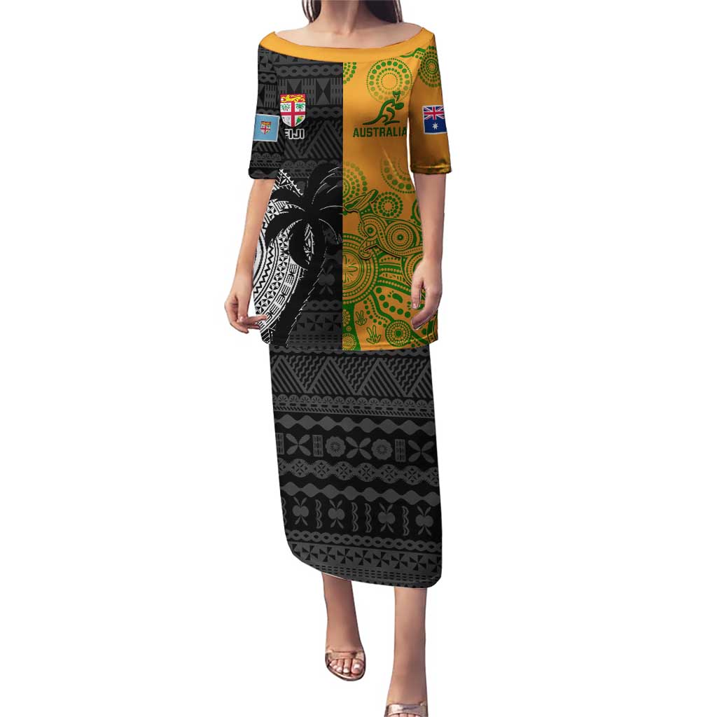 Custom Fiji And Australia Rugby Puletasi Fijian Tapa Pattern With Aussie Aboriginal Art LT14 Long Dress Black - Polynesian Pride