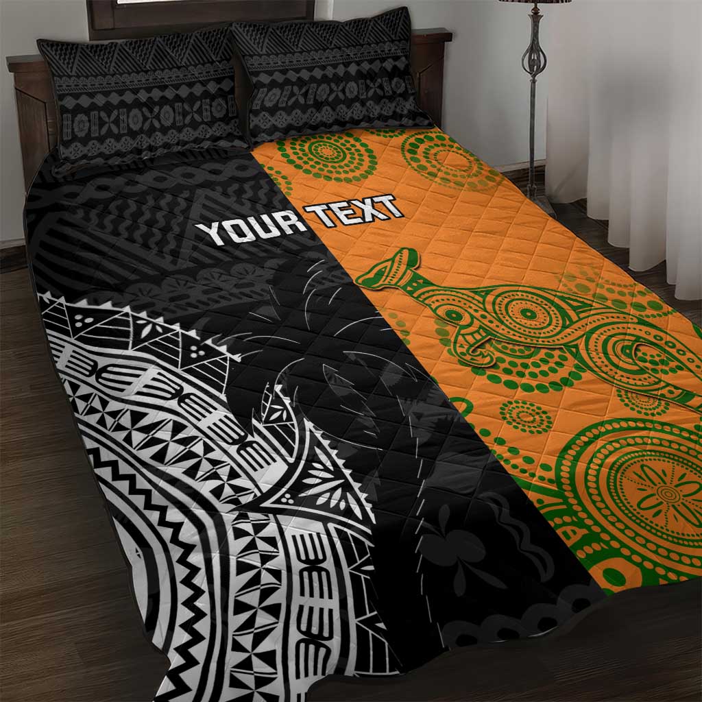 Custom Fiji And Australia Rugby Quilt Bed Set Fijian Tapa Pattern With Aussie Aboriginal Art LT14 Black - Polynesian Pride