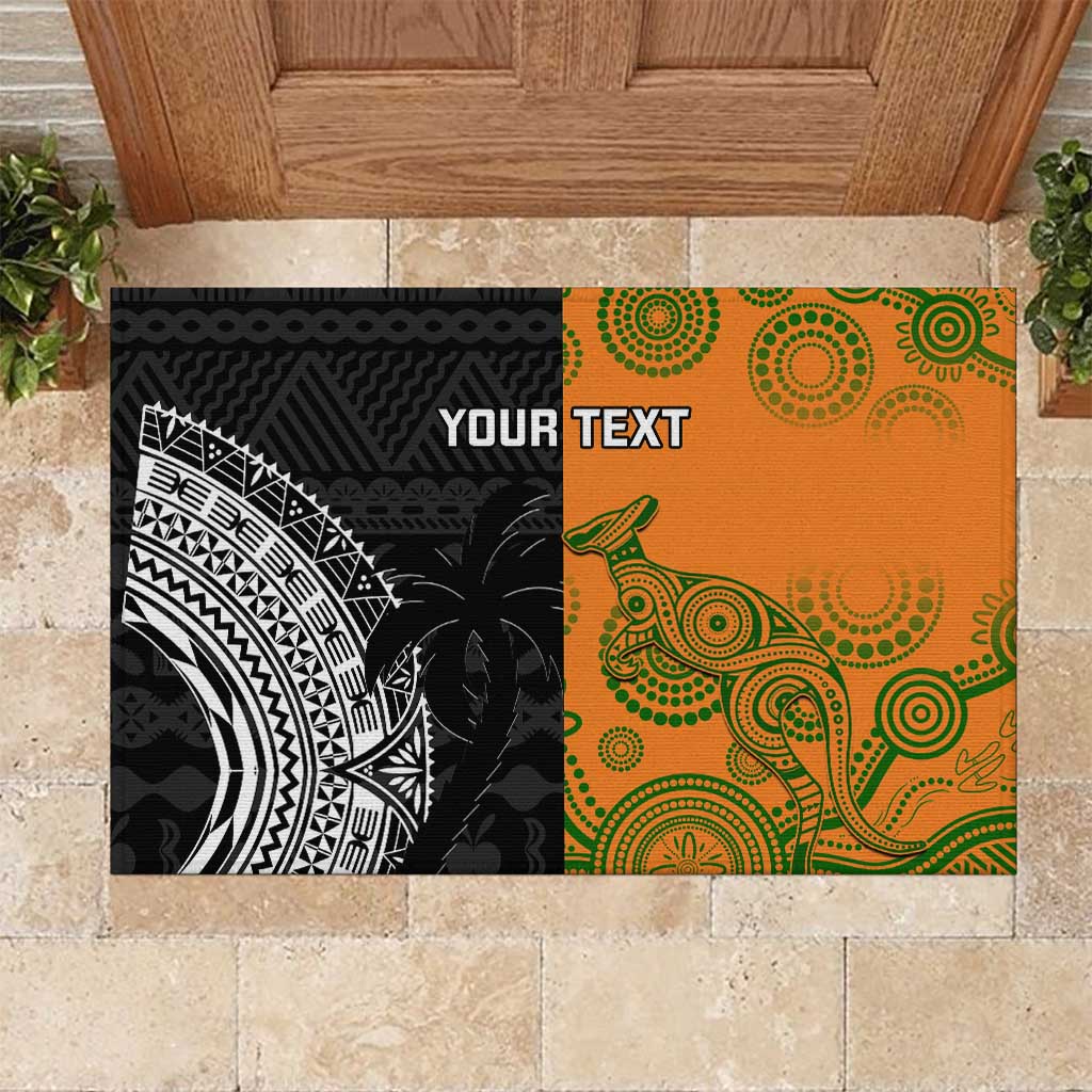 Custom Fiji And Australia Rugby Rubber Doormat Fijian Tapa Pattern With Aussie Aboriginal Art LT14 Black - Polynesian Pride