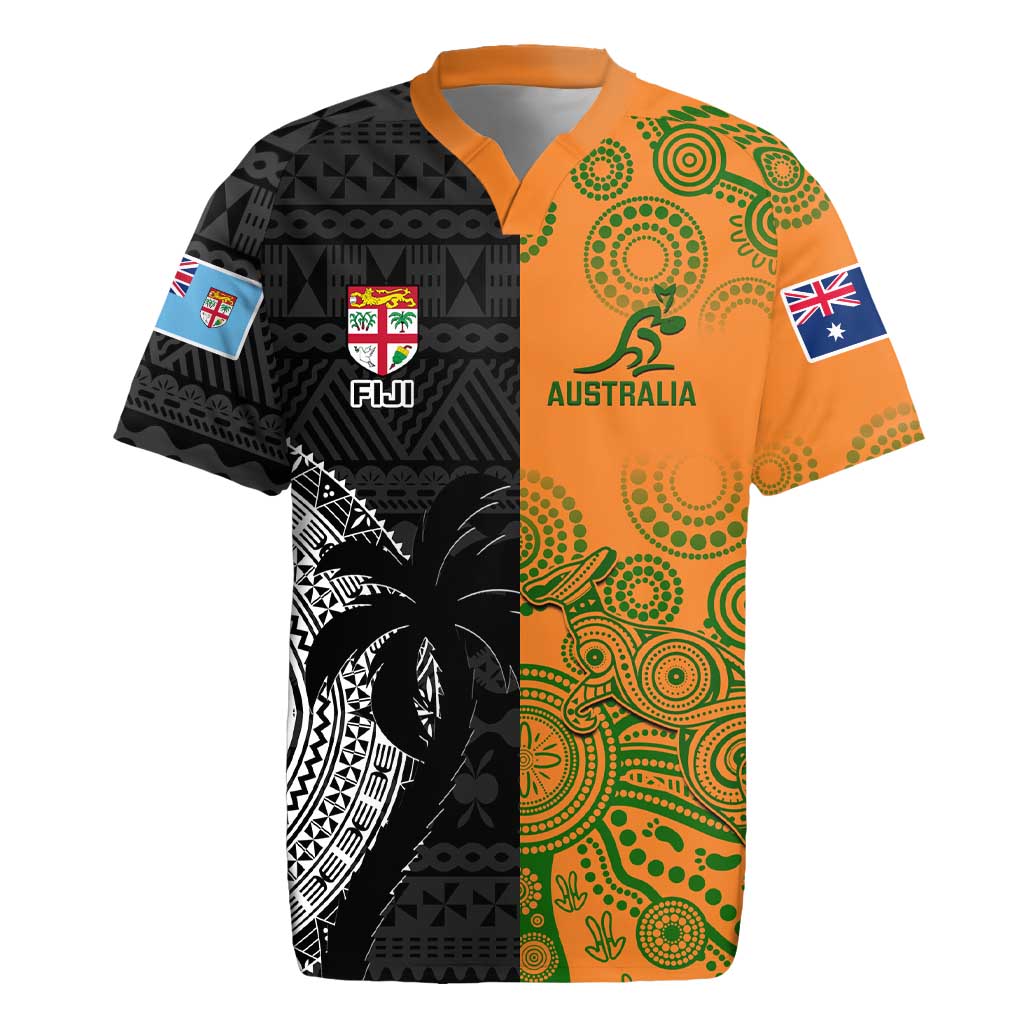 Custom Fiji And Australia Rugby Rugby Jersey Fijian Tapa Pattern With Aussie Aboriginal Art LT14 Black - Polynesian Pride