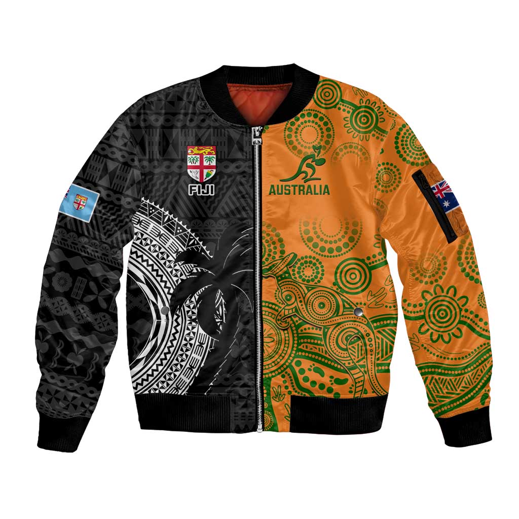 Custom Fiji And Australia Rugby Sleeve Zip Bomber Jacket Fijian Tapa Pattern With Aussie Aboriginal Art LT14 Unisex Black - Polynesian Pride