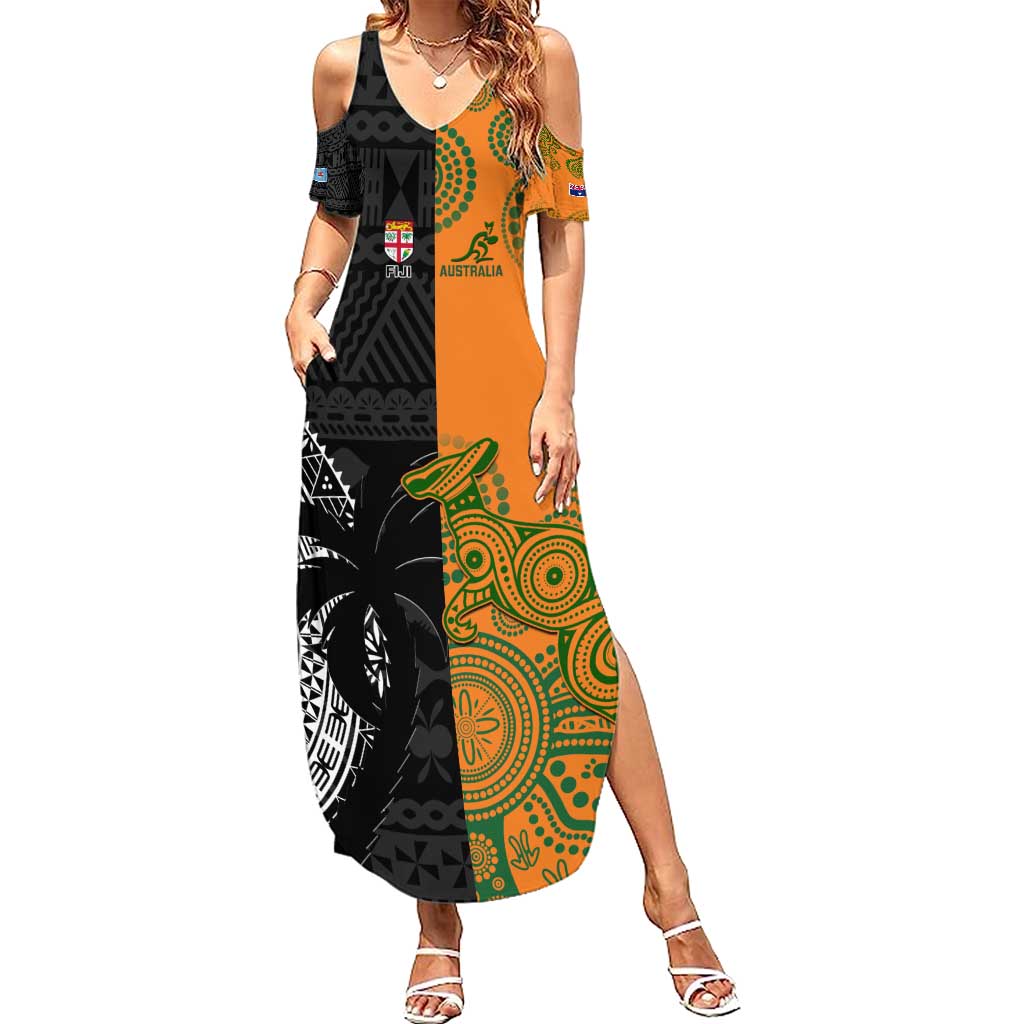 Custom Fiji And Australia Rugby Summer Maxi Dress Fijian Tapa Pattern With Aussie Aboriginal Art LT14 Women Black - Polynesian Pride
