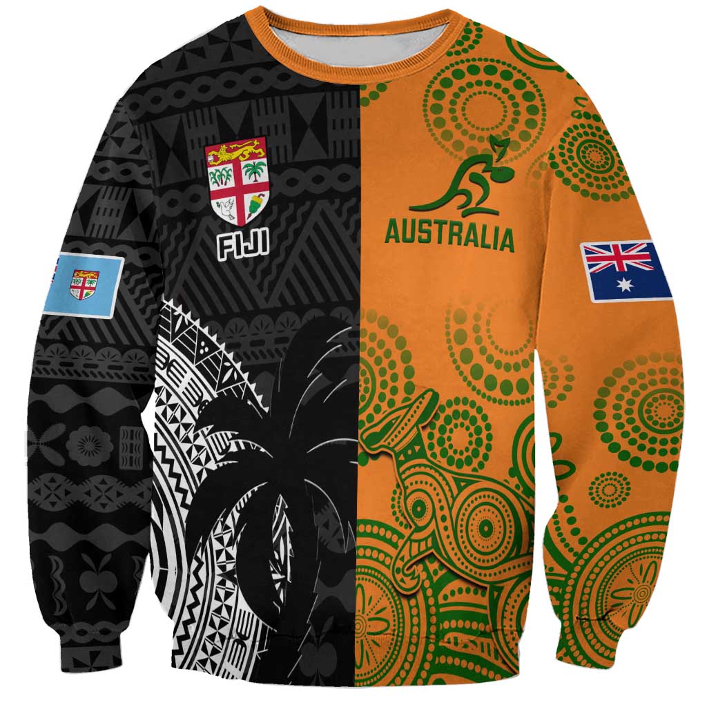 Custom Fiji And Australia Rugby Sweatshirt Fijian Tapa Pattern With Aussie Aboriginal Art LT14 Unisex Black - Polynesian Pride