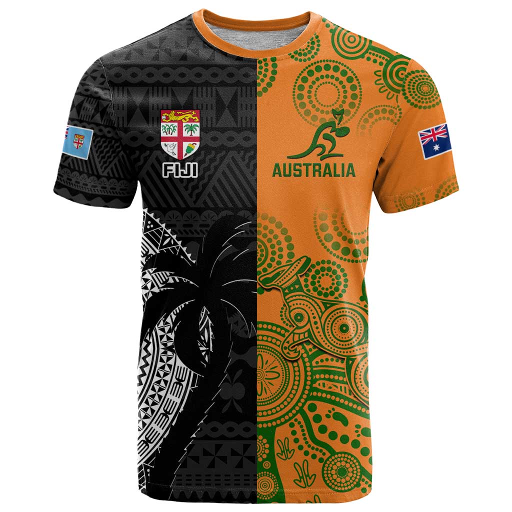 Custom Fiji And Australia Rugby T Shirt Fijian Tapa Pattern With Aussie Aboriginal Art LT14 Black - Polynesian Pride