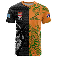 Custom Fiji And Australia Rugby T Shirt Fijian Tapa Pattern With Aussie Aboriginal Art LT14 Black - Polynesian Pride