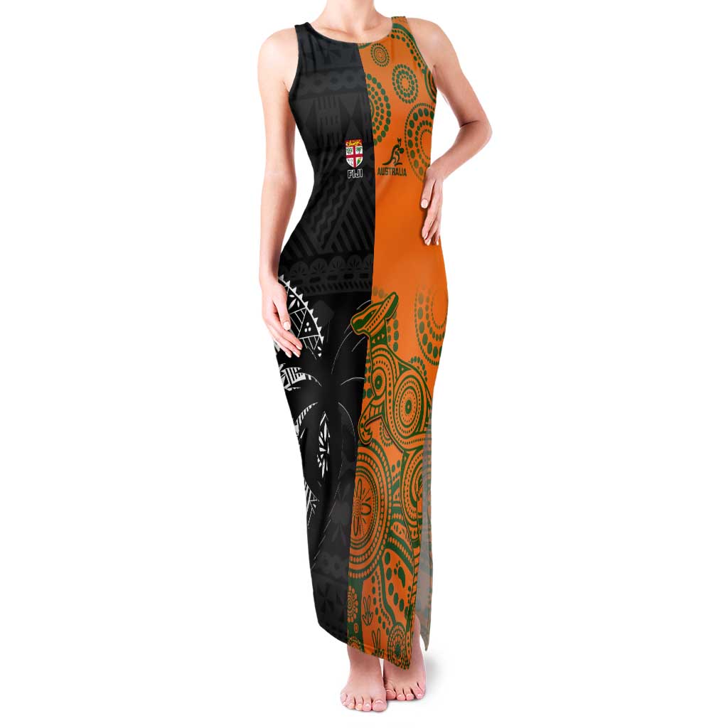 Custom Fiji And Australia Rugby Tank Maxi Dress Fijian Tapa Pattern With Aussie Aboriginal Art LT14 Women Black - Polynesian Pride