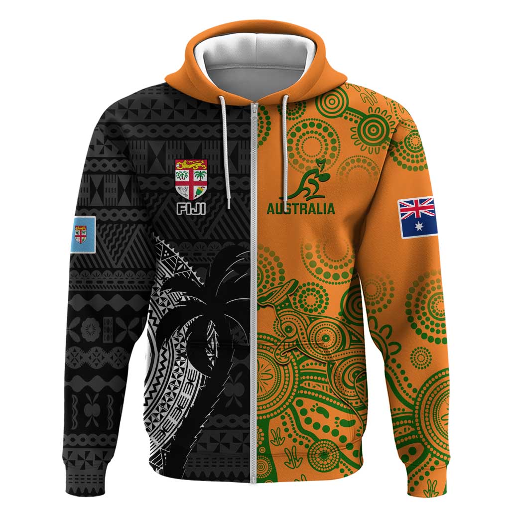 Custom Fiji And Australia Rugby Zip Hoodie Fijian Tapa Pattern With Aussie Aboriginal Art LT14 Zip Hoodie Black - Polynesian Pride