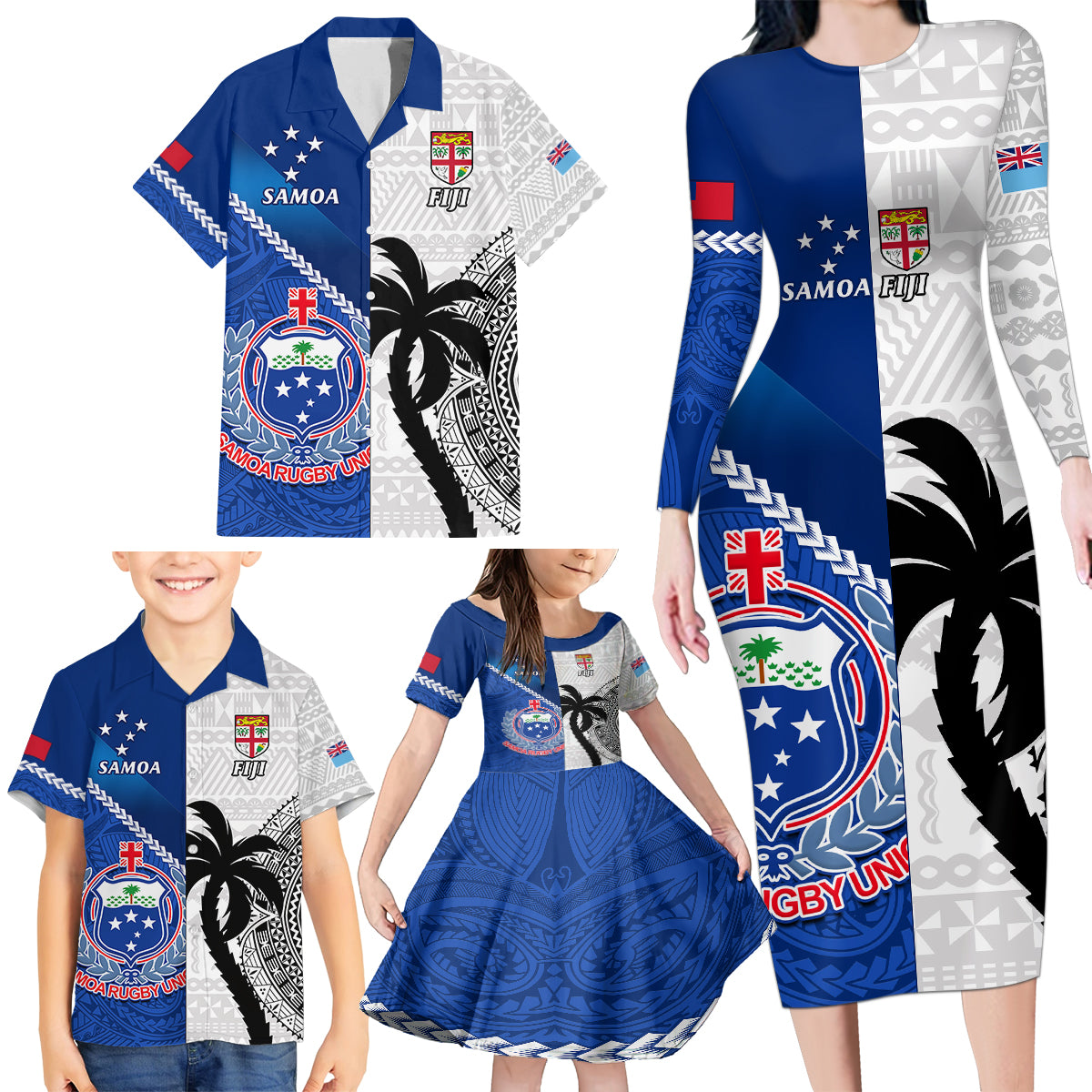 fiji-and-samoa-rugby-family-matching-long-sleeve-bodycon-dress-and-hawaiian-shirt-2023-world-cup-samoan-mix-tapa-pattern