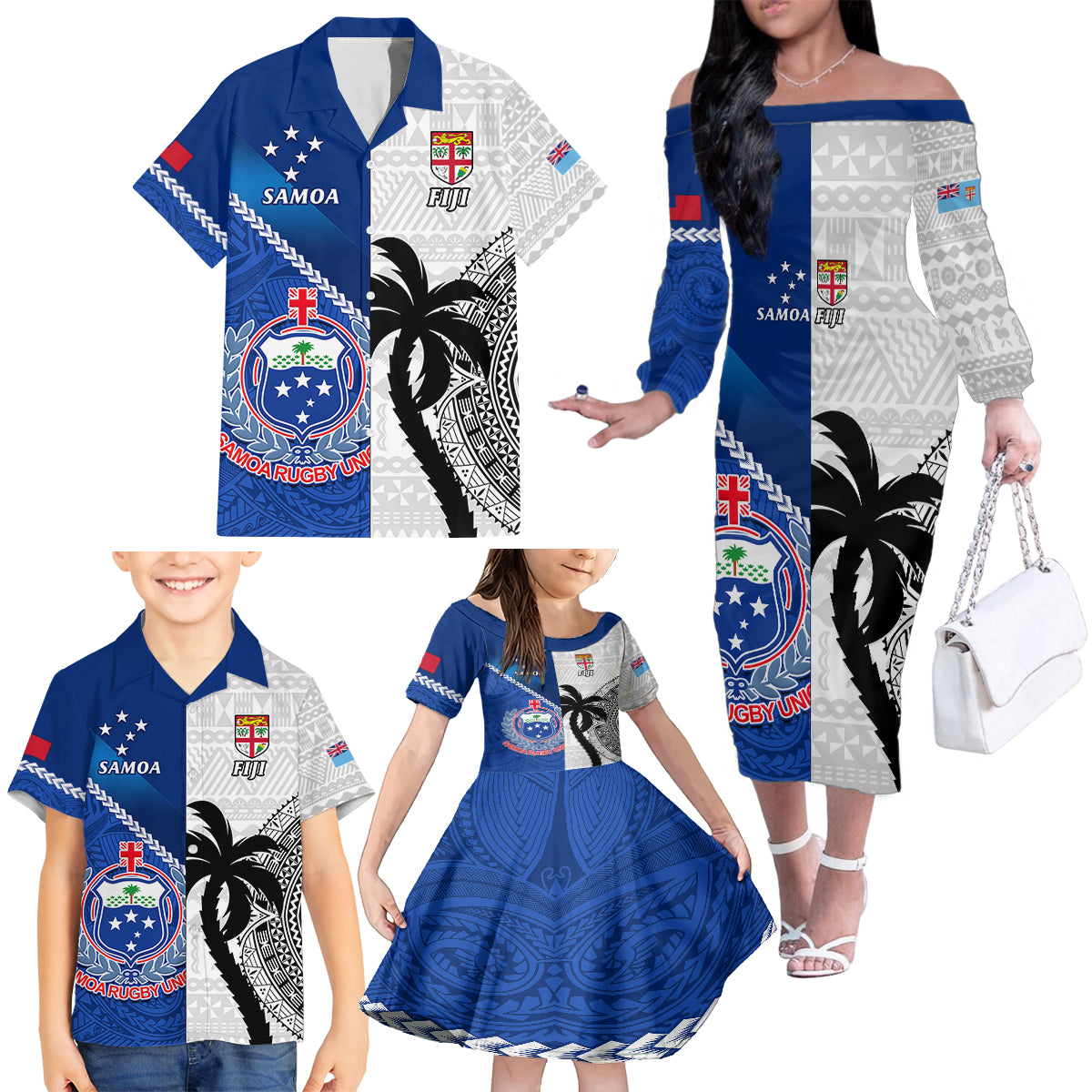 fiji-and-samoa-rugby-family-matching-off-shoulder-long-sleeve-dress-and-hawaiian-shirt-2023-world-cup-samoan-mix-tapa-pattern