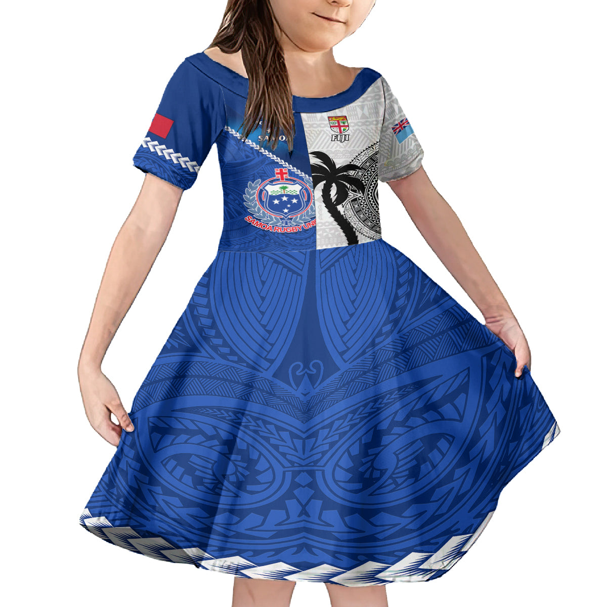 Fiji And Samoa Rugby Kid Short Sleeve Dress 2023 World Cup Samoan Mix Tapa Pattern LT14 KID Blue - Polynesian Pride