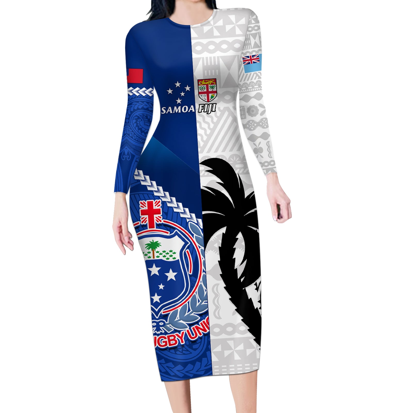 Fiji And Samoa Rugby Long Sleeve Bodycon Dress 2023 World Cup Samoan Mix Tapa Pattern LT14 Long Dress Blue - Polynesian Pride