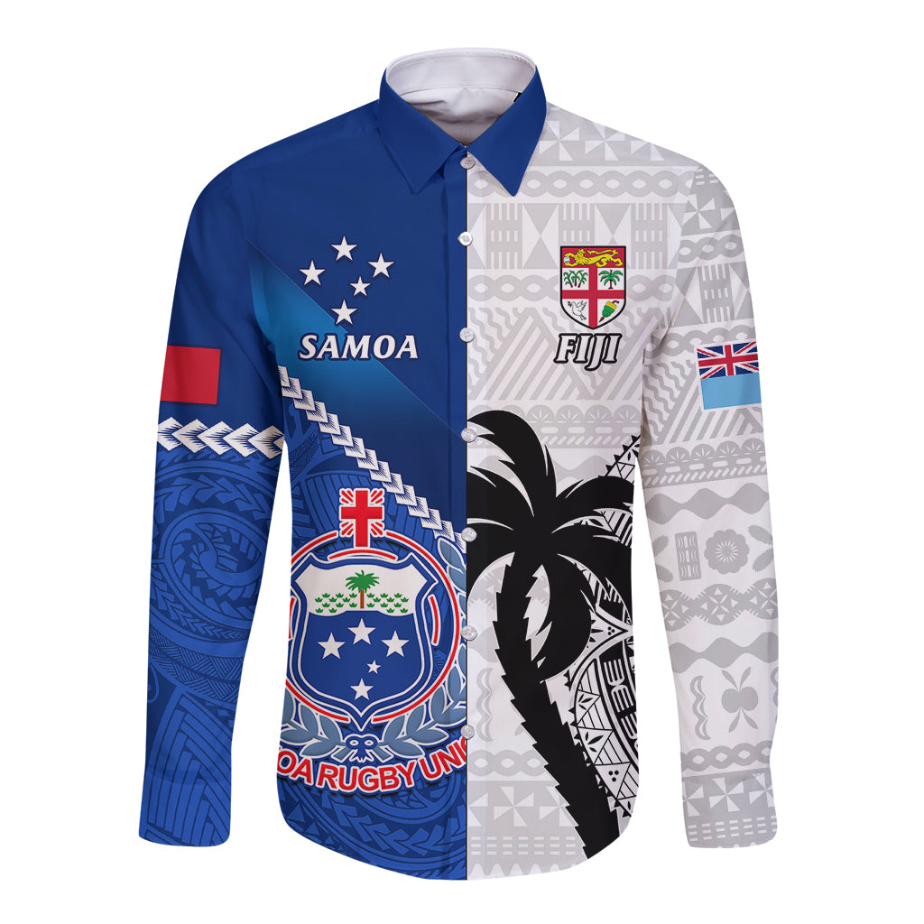 Fiji And Samoa Rugby Long Sleeve Button Shirt 2023 World Cup Samoan Mix Tapa Pattern LT14 Unisex Blue - Polynesian Pride