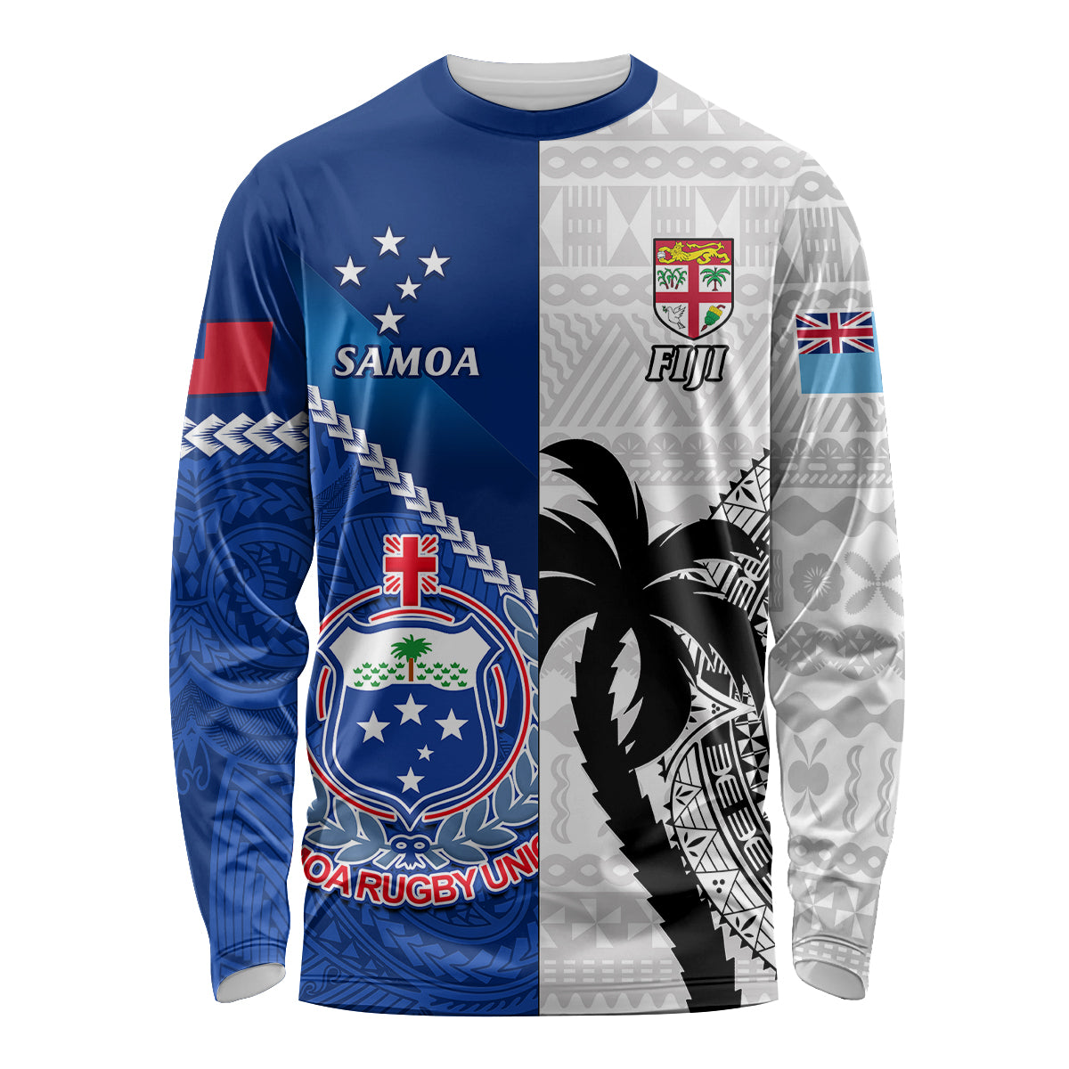 Fiji And Samoa Rugby Long Sleeve Shirt 2023 World Cup Samoan Mix Tapa Pattern LT14 Unisex Blue - Polynesian Pride