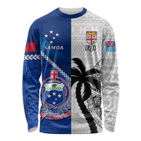 Fiji And Samoa Rugby Long Sleeve Shirt 2023 World Cup Samoan Mix Tapa Pattern LT14 Unisex Blue - Polynesian Pride