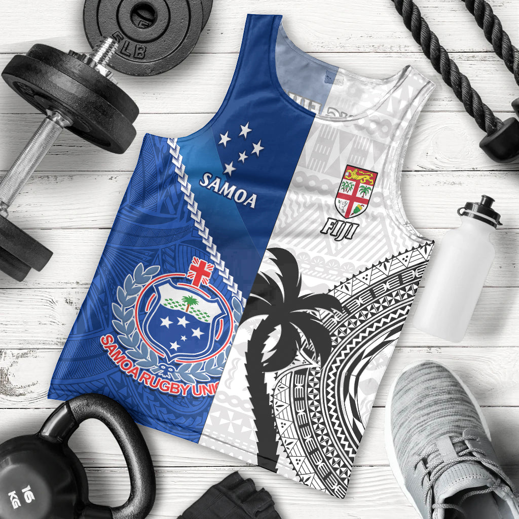 Fiji And Samoa Rugby Men Tank Top 2023 World Cup Samoan Mix Tapa Pattern LT14 Blue - Polynesian Pride