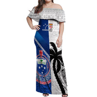 Fiji And Samoa Rugby Off Shoulder Maxi Dress 2023 World Cup Samoan Mix Tapa Pattern LT14 Women Blue - Polynesian Pride