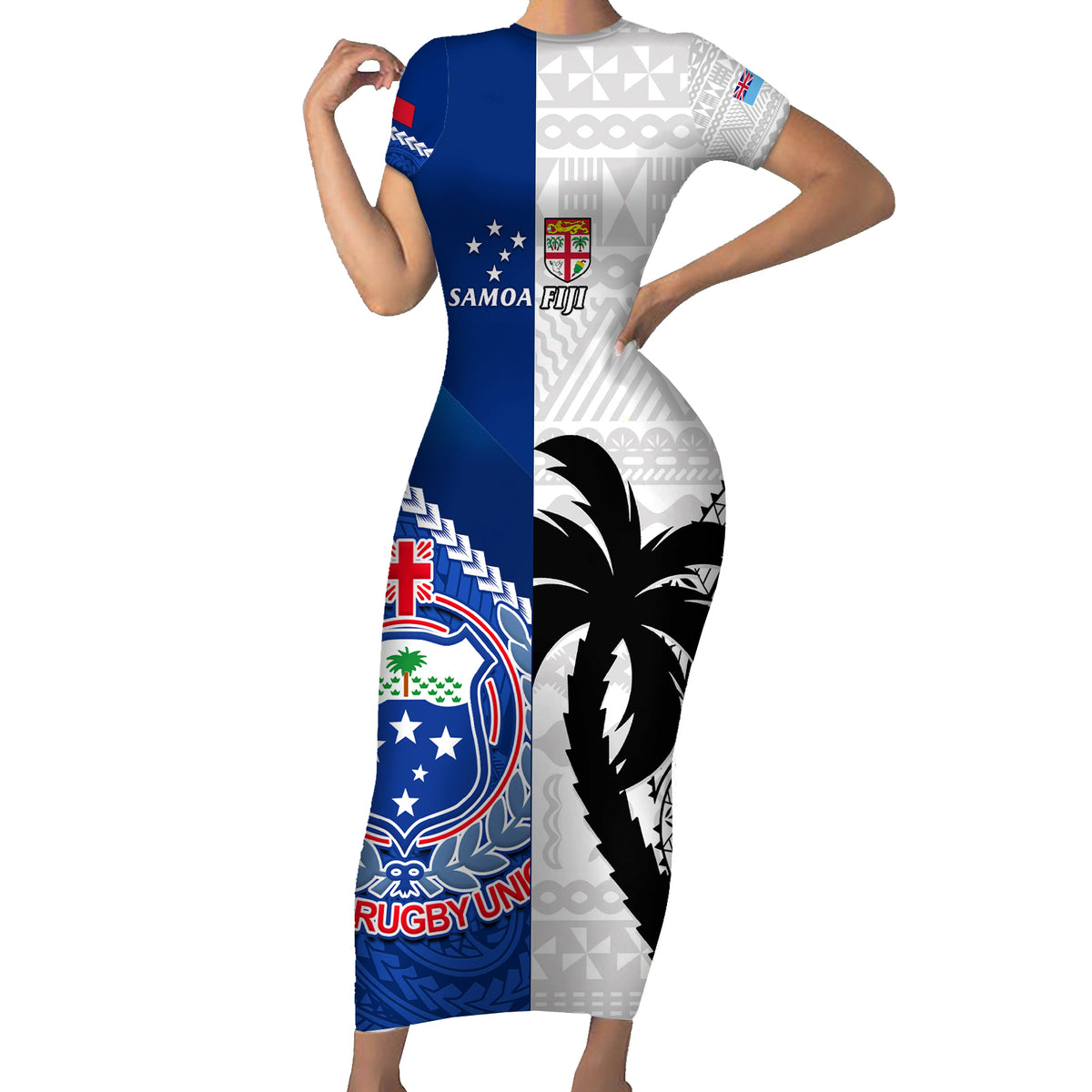 Fiji And Samoa Rugby Short Sleeve Bodycon Dress 2023 World Cup Samoan Mix Tapa Pattern LT14 Long Dress Blue - Polynesian Pride