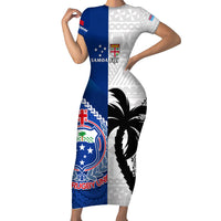 Fiji And Samoa Rugby Short Sleeve Bodycon Dress 2023 World Cup Samoan Mix Tapa Pattern LT14 Long Dress Blue - Polynesian Pride