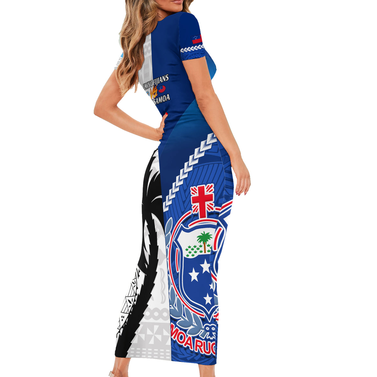 Fiji And Samoa Rugby Short Sleeve Bodycon Dress 2023 World Cup Samoan Mix Tapa Pattern LT14 - Polynesian Pride