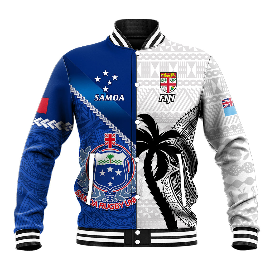 Custom Fiji And Samoa Rugby Baseball Jacket 2023 World Cup Samoan Mix Tapa Pattern LT14 Unisex Blue - Polynesian Pride