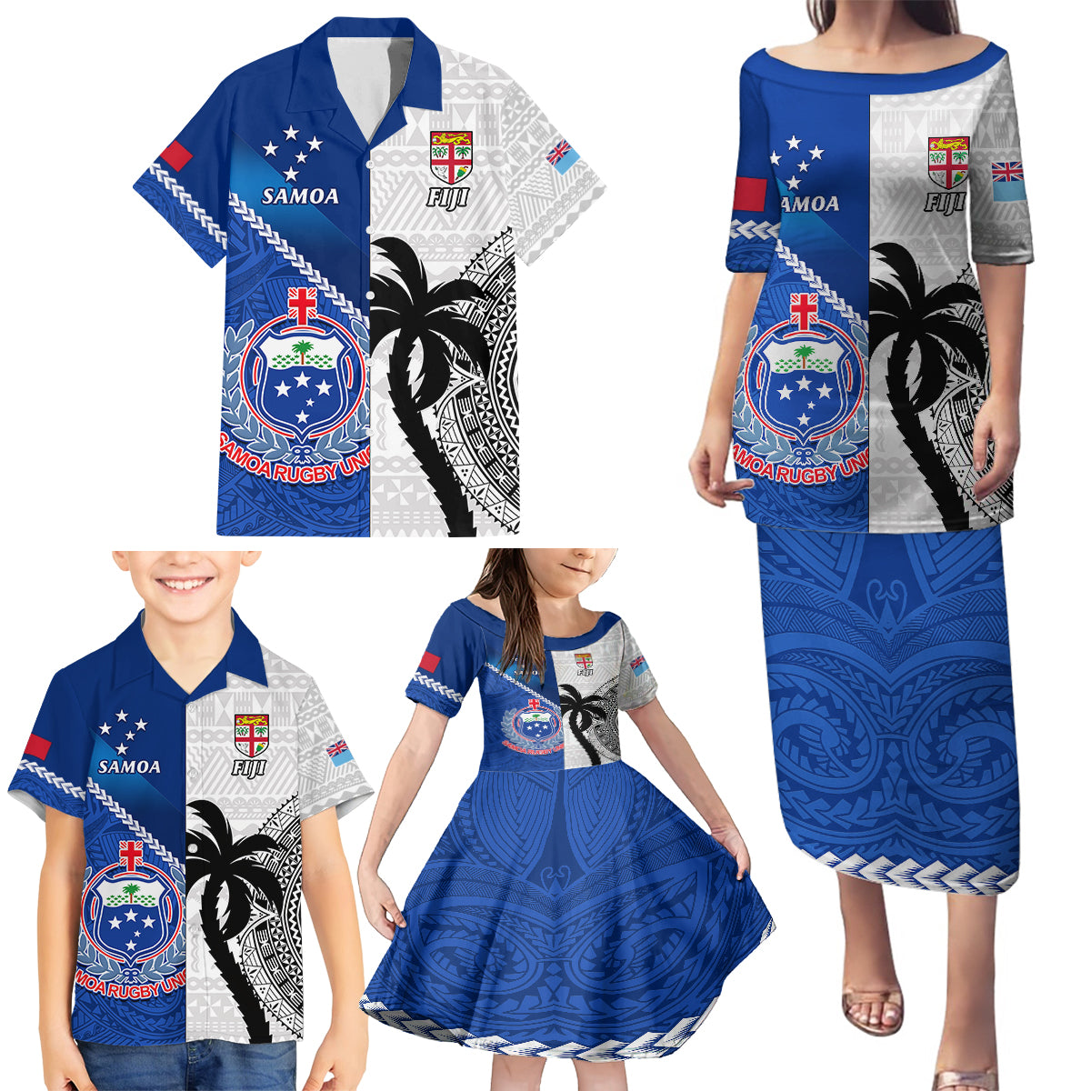 Custom Fiji And Samoa Rugby Family Matching Puletasi Dress and Hawaiian Shirt 2023 World Cup Samoan Mix Tapa Pattern LT14 - Polynesian Pride