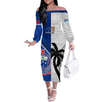 Custom Fiji And Samoa Rugby Off The Shoulder Long Sleeve Dress 2023 World Cup Samoan Mix Tapa Pattern LT14 Women Blue - Polynesian Pride