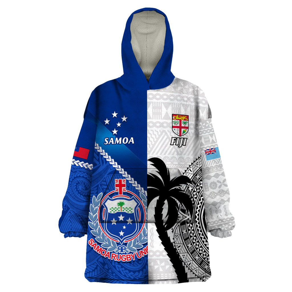 Custom Fiji And Samoa Rugby Wearable Blanket Hoodie 2023 World Cup Samoan Mix Tapa Pattern LT14 One Size Blue - Polynesian Pride
