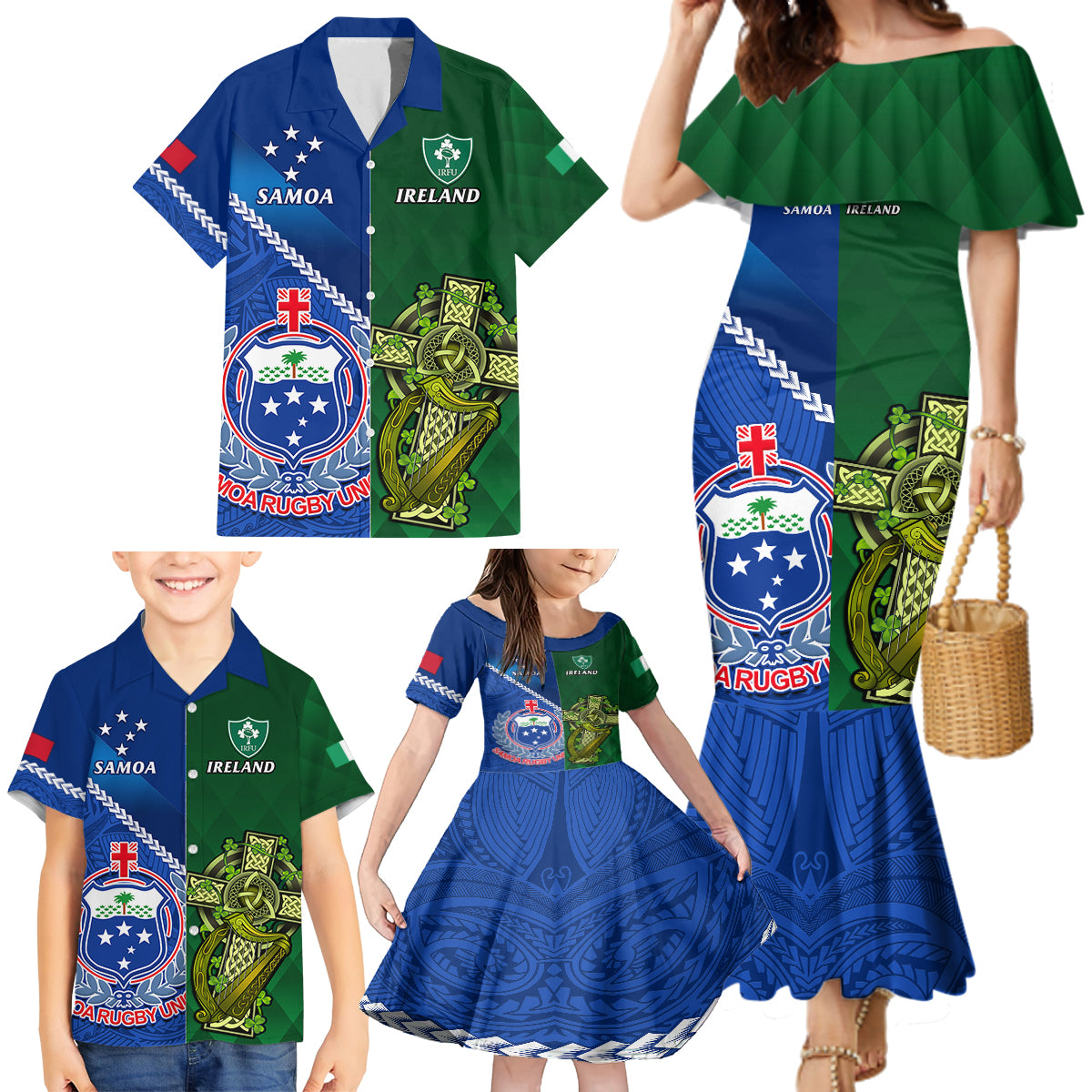 samoa-and-ireland-rugby-family-matching-mermaid-dress-and-hawaiian-shirt-2023-world-cup-manu-samoa-with-shamrocks