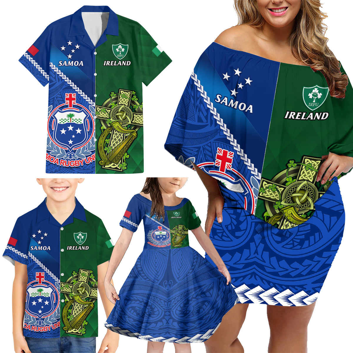 samoa-and-ireland-rugby-family-matching-off-shoulder-short-dress-and-hawaiian-shirt-2023-world-cup-manu-samoa-with-shamrocks