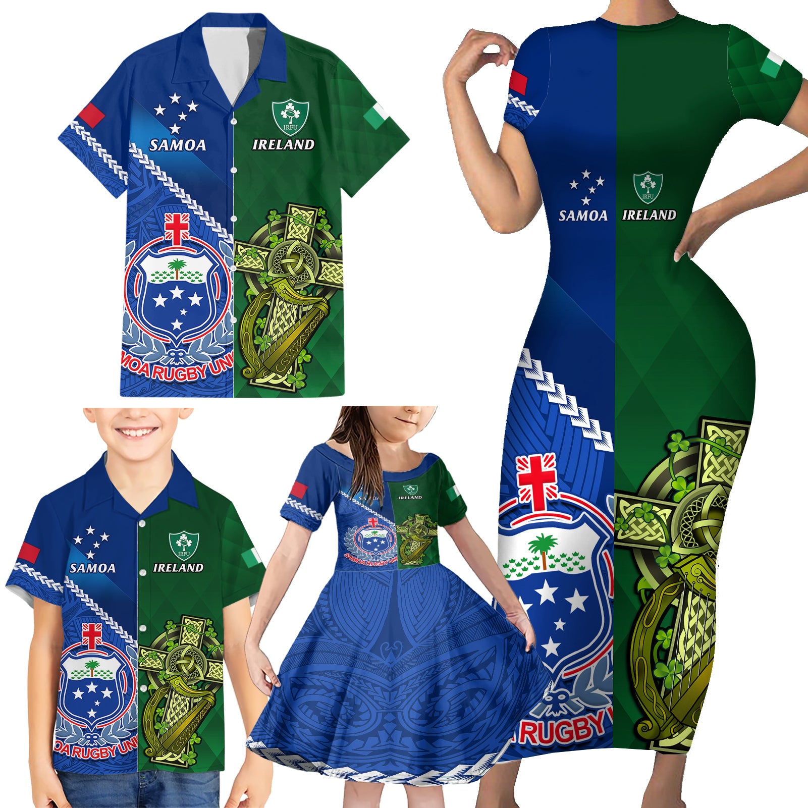 samoa-and-ireland-rugby-family-matching-short-sleeve-bodycon-dress-and-hawaiian-shirt-2023-world-cup-manu-samoa-with-shamrocks