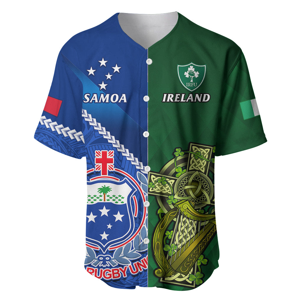 Custom Samoa And Ireland Rugby Baseball Jersey 2023 World Cup Manu Samoa With Shamrocks LT14 Blue - Polynesian Pride