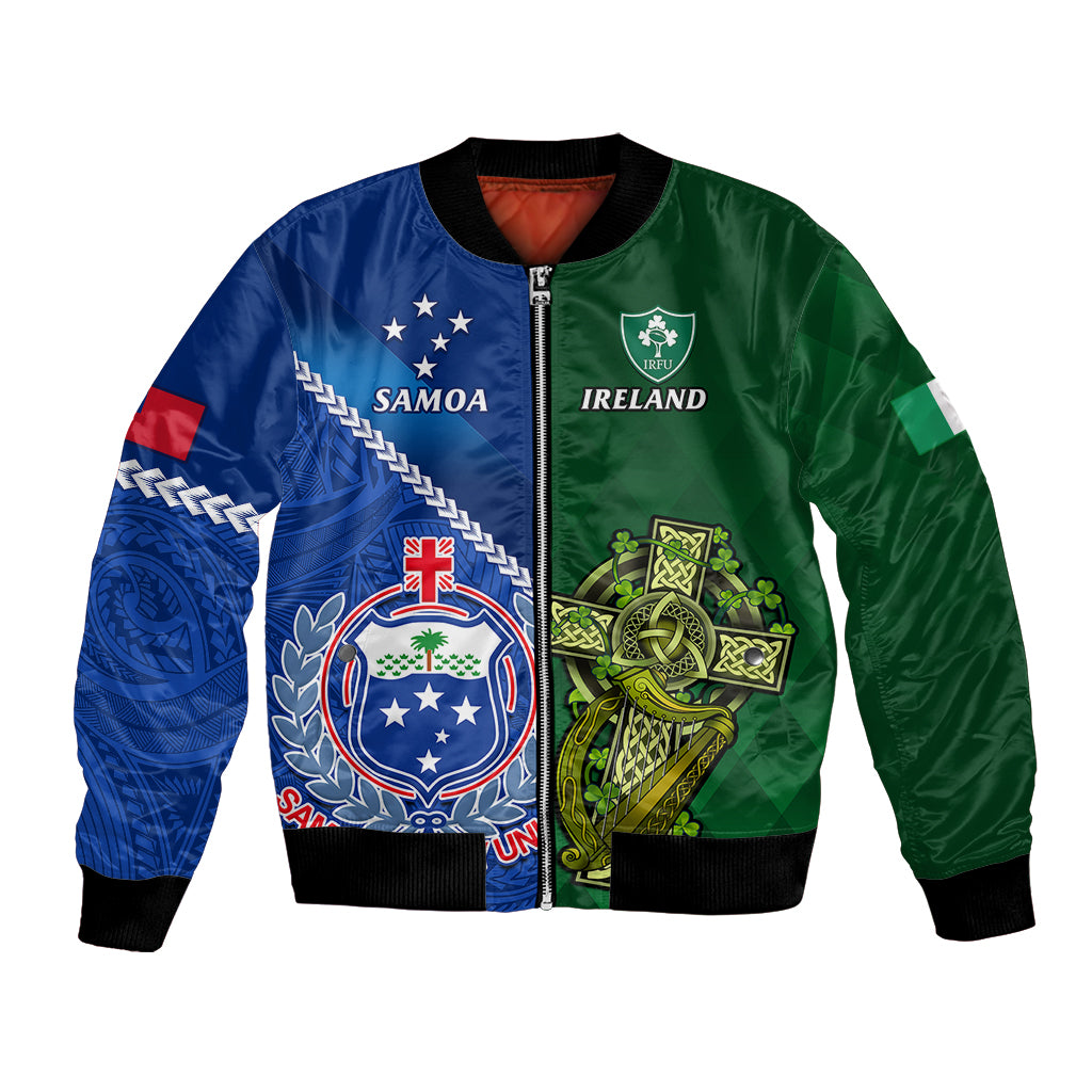 Custom Samoa And Ireland Rugby Bomber Jacket 2023 World Cup Manu Samoa With Shamrocks LT14 Unisex Blue - Polynesian Pride