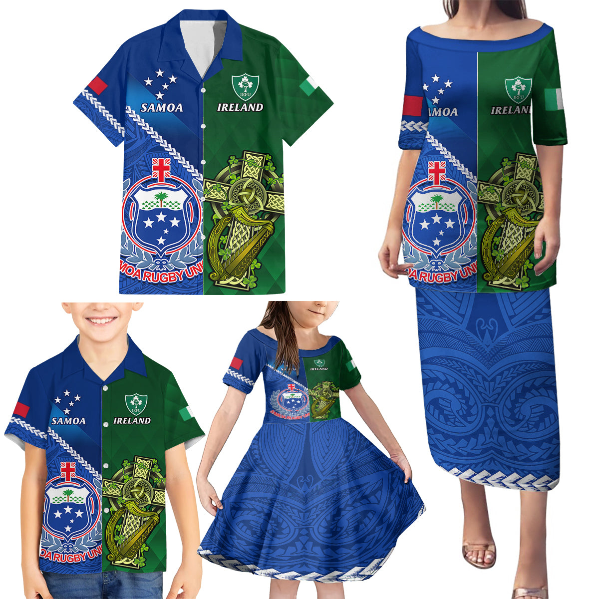 Custom Samoa And Ireland Rugby Family Matching Puletasi Dress and Hawaiian Shirt 2023 World Cup Manu Samoa With Shamrocks LT14 - Polynesian Pride