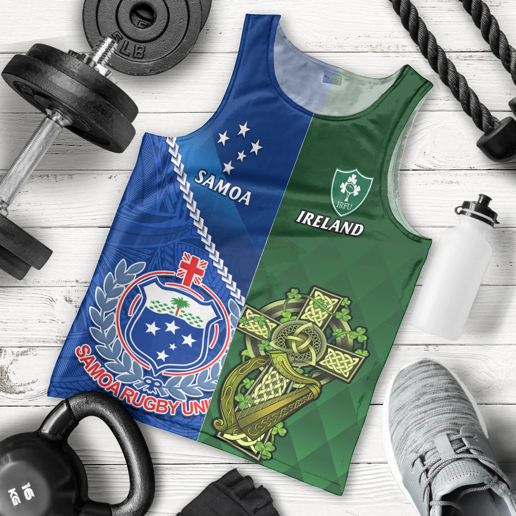 Custom Samoa And Ireland Rugby Men Tank Top 2023 World Cup Manu Samoa With Shamrocks LT14 Blue - Polynesian Pride