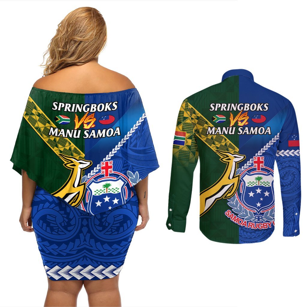 Samoa And South Africa Rugby Couples Matching Off Shoulder Short Dress and Long Sleeve Button Shirts 2023 World Cup Manu Samoa With Springboks LT14 - Polynesian Pride