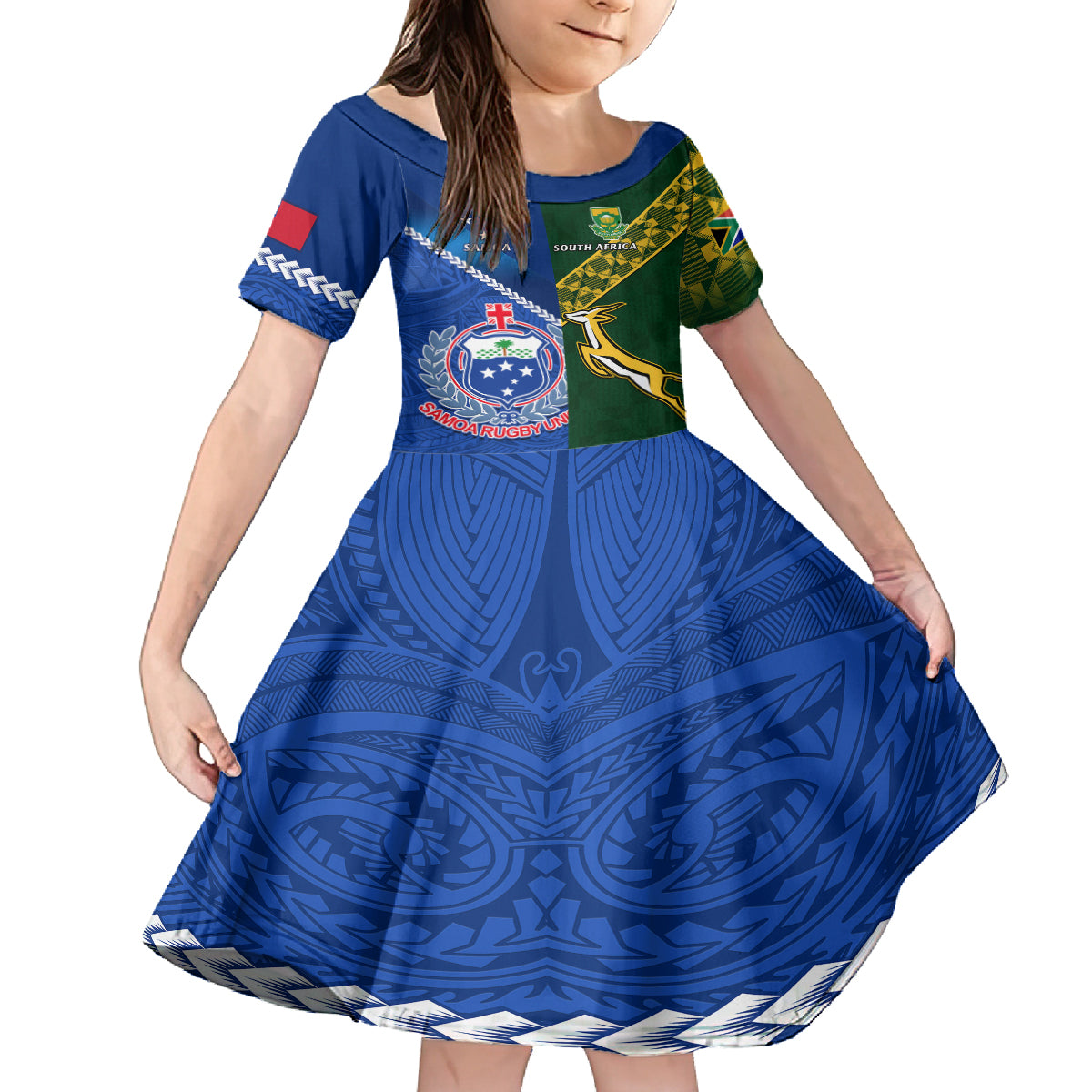 Samoa And South Africa Rugby Kid Short Sleeve Dress 2023 World Cup Manu Samoa With Springboks LT14 KID Blue - Polynesian Pride