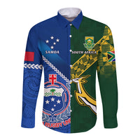 Samoa And South Africa Rugby Long Sleeve Button Shirt 2023 World Cup Manu Samoa With Springboks LT14 Unisex Blue - Polynesian Pride