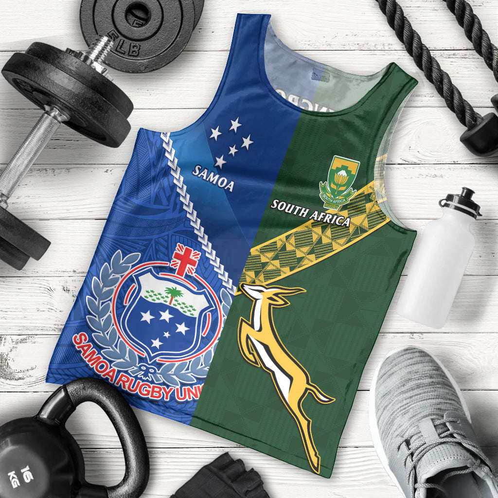 Samoa And South Africa Rugby Men Tank Top 2023 World Cup Manu Samoa With Springboks LT14 Blue - Polynesian Pride