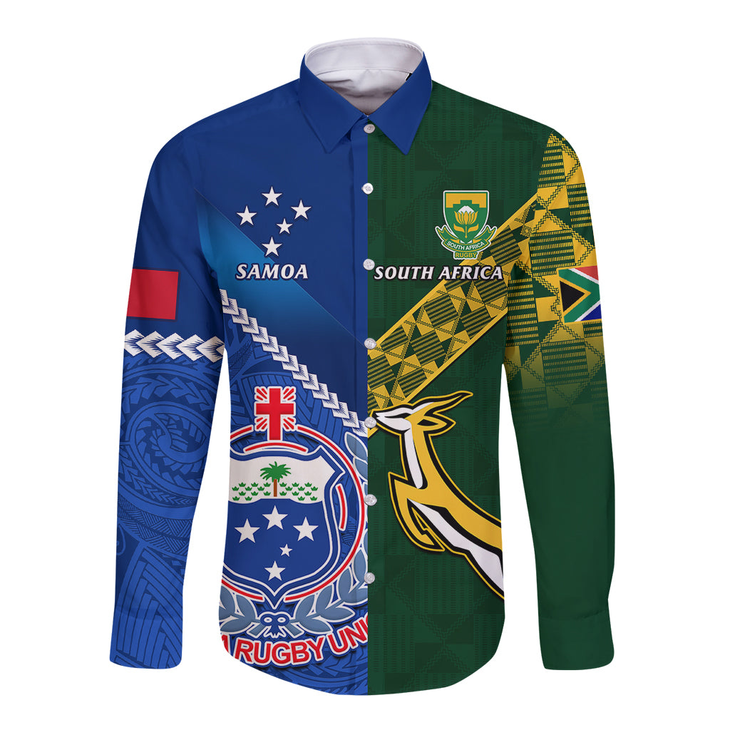 Custom Samoa And South Africa Rugby Long Sleeve Button Shirt 2023 World Cup Manu Samoa With Springboks LT14 Unisex Blue - Polynesian Pride