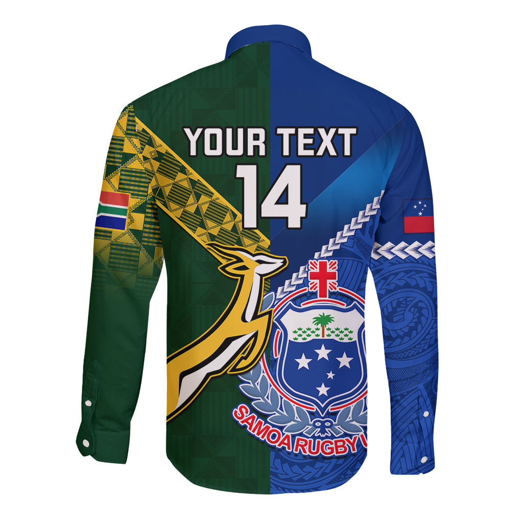 Custom Samoa And South Africa Rugby Long Sleeve Button Shirt 2023 World Cup Manu Samoa With Springboks LT14 - Polynesian Pride