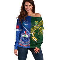 Custom Samoa And South Africa Rugby Off Shoulder Sweater 2023 World Cup Manu Samoa With Springboks LT14 Women Blue - Polynesian Pride