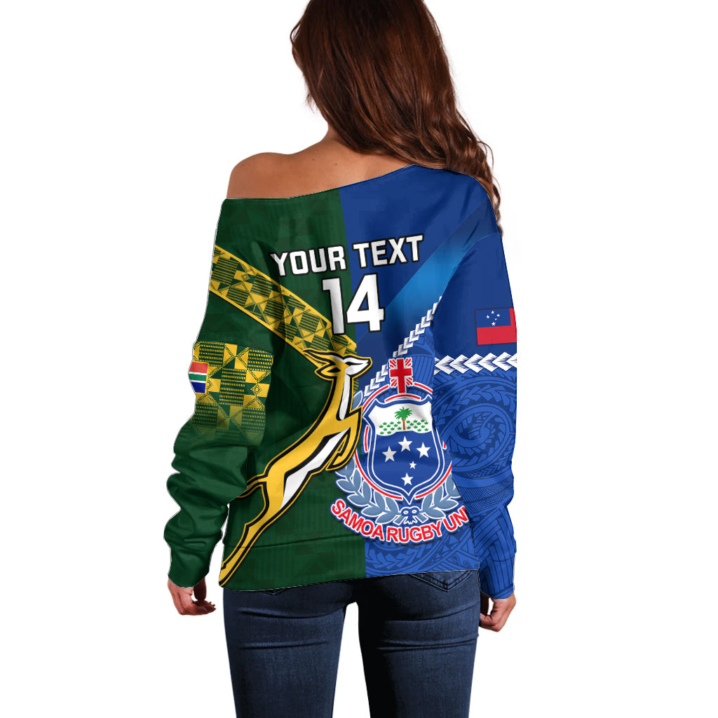 Custom Samoa And South Africa Rugby Off Shoulder Sweater 2023 World Cup Manu Samoa With Springboks LT14 - Polynesian Pride