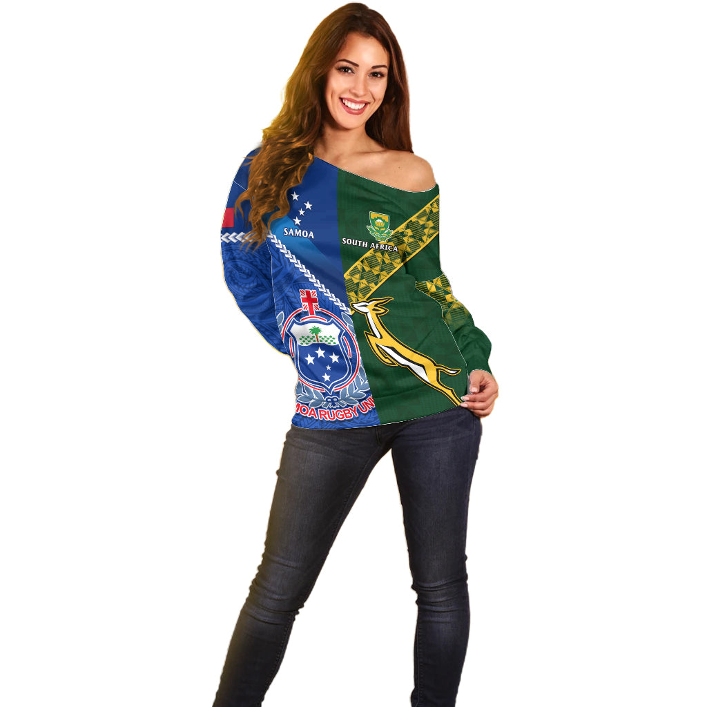 Custom Samoa And South Africa Rugby Off Shoulder Sweater 2023 World Cup Manu Samoa With Springboks LT14 - Polynesian Pride