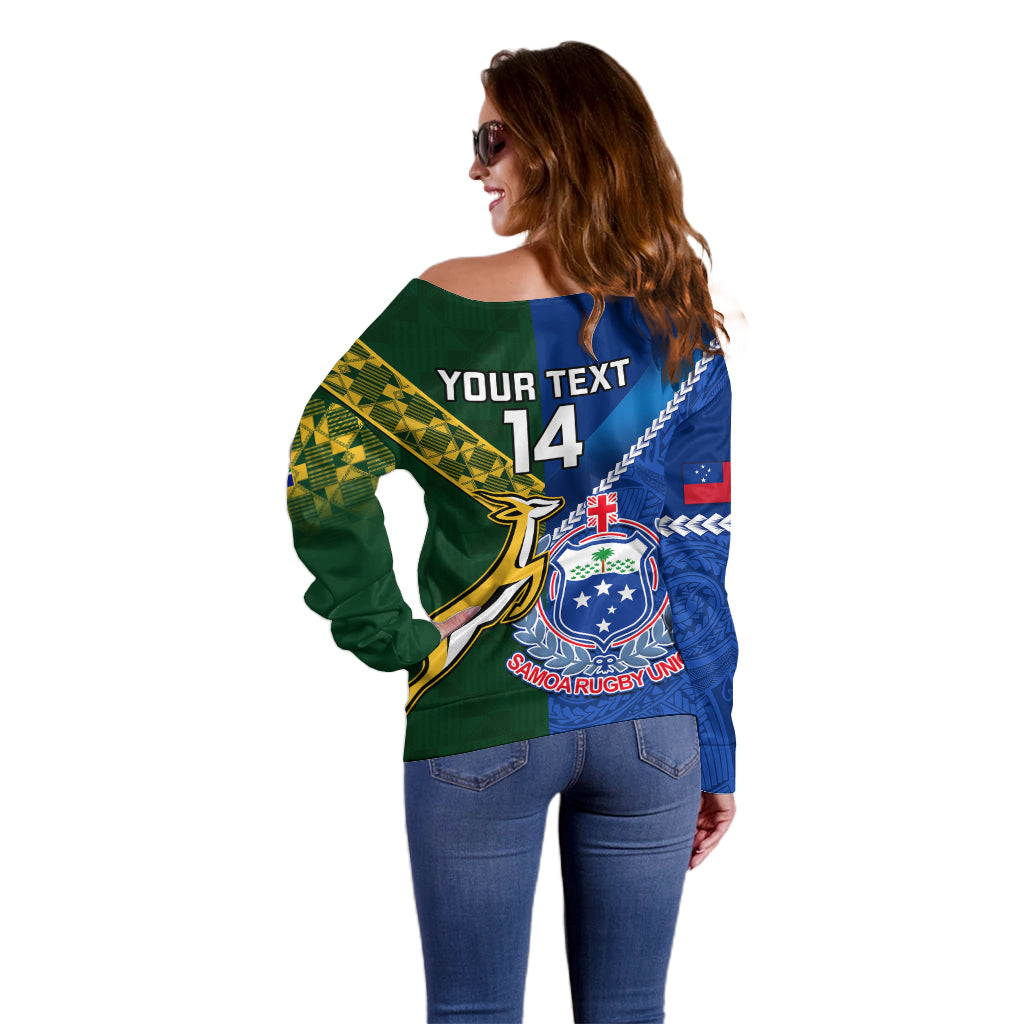 Custom Samoa And South Africa Rugby Off Shoulder Sweater 2023 World Cup Manu Samoa With Springboks LT14 - Polynesian Pride